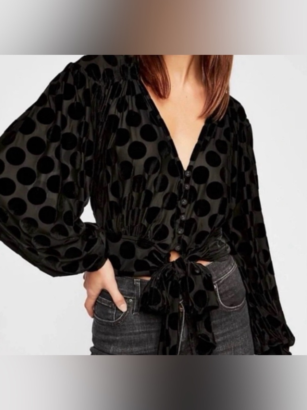 Free People Top Dottie Black Polka Dot Velvet Tie Waist Button Blouse NWOT